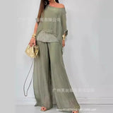 Purpdrank  Luxury High-end Women 2 Pieces Set Summer Chiffon O Neck Short Sleeve Beaded Patchwork Top Wide Leg Pant High Waist Trouser Suit