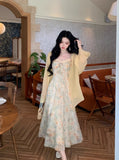 Purpdrank  Summer Floral Printed Long Dress Women Patchwork Lace Chiffon Fairy Dress Casual Gold Stamping Bow Tie Suspender Dress