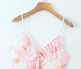 Purpdrank  Sexy Bow Ruffles V neck Tie-dye Print Mini Sling Dress Women Hollow Out Front Ruched Package Hips Irregular Robe Holiday