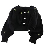 Purpdrank  Women Knitted Cute Fashion Loose Sweater Spring Autumn V-Neck Lantern Sleeve Embroidery Floral Harajuku Female Cardigan
