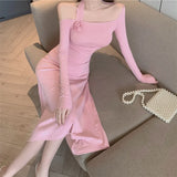 Purpdrank  Celebrity Sexy Off Shoulder Irregular Dress Fashion Summer Spring Long Sleeves Slim Waist Midi Dress Spicy Sheath Pink Vestidos