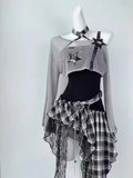 Purpdrank  2000s Aesthetic Elegant Women 2 Piece Set Y2k Gothic Irregular Design Tops + Plaid Skirt Female Korea Style Retro Chic Outfits