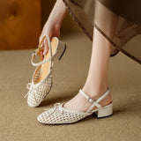 Purpdrank  High-quality square-toed bow high-heeled sandals, 2025 summer new hollowed-out fashionable woven casual mid-heeled women's shoes