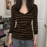 Purpdrank  Vintage T-shirt Women Autumn Rib Knitted V Neck Crop Tops Cottage Cyber Grunge Striped Long Sleeve Pullovers Tees Y2k Streetwear