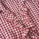 Purpdrank  Retro Red Checkered Shirt Top Women's Pleated Lace Up Bubble Sleeve Short Sleeved T-shirt