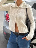 Purpdrank  Casual Fashion Turn Down Collar Single Breasted Solid Knitted All Match Woman Sweaters