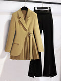 Purpdrank - Women Suits Office Sets New Spring  Long Sleeve Fold Pocket Blazer Women Solid Color Bell Bottoms Fashion Elegance Office Lady