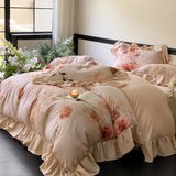 Purpdrank  Vintage French Rose Flowers Prints Ruffles Bedding Set 100% Cotton Brushed Fabric Duvet Cover Set Bed Sheet Pillowcases 4Pcs