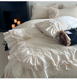 Purpdrank  Pink Luxury Princess Wedding Lace Ruffles 100% Cotton Bedding Set Duvet Cover Bed Sheet/Bed Skirt/Fitted Sheet Pillowcases 4Pcs