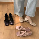 Purpdrank  Women's Elegant Pink Satin Ballet Shoes Square Toe Cross Strap Polka Dot Bow Mary Jane Shoes Inside Mid Heel Casual Pumps