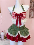 Purpdrank  Y2K 2 Pieces Set Woman Outfit Kawaii Bow Plaid Lace Halter Tops Gyaru Ruffles Mini Skirt Summer Japanese Design Clothes