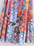 Purpdrank  BOHO Contrast Color Flower Print Midi Long Sling Dress Hippie Women Single-breasted Buttons Ruffles Hem Slit Robe Holiday