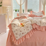 Purpdrank  Fashion Flower Bedding Set Bed Sheet Cute Princess AB Double Sided Ruffle Flower Quilt Cover Pillowcase Bedclothes Home Textiles