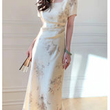 Purpdrank  New Summer Style Square Neckline New Chinese Style Satin Socialite Temperament Waist-hugging Dress for Women