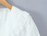 Purpdrank  Holiday White Spliced Wood ears Lace Peter Pan Collar Short Puff Sleeve Shirt Women Fold Pleated Front Open Buttons Blouses Tops