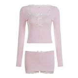 Purpdrank  Y2K Hot Girl Lace Hem 2 Piece Set Fashion Bow Long Sleeve Crop Top & Bodycon Mini Skirt Matching Suits Casual Women Outfit