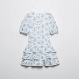 Purpdrank  Elegant Women Printed Dress With Embroidery V-neck Puff Sleeves Ruffle Details Contrast Lining A-Line Dresses
