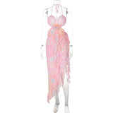 Purpdrank  3D Floral Sexy Halter Strapless Long Dresses for Women 2025 Summer Fashion Asymmetrical Ruffles Mesh Maxi Dress Y2K Side Split