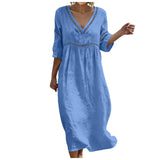 Purpdrank  Women's Casual Cotton Linen Dress Elegant Lace Trim Openwork V Neck Solid Color Loose Fit Summer Dress Boho Flowy Office Dresses