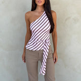 Purpdrank  Women's Sleeveless Top T-Shirt Blouse Ruffled Summer Asymmetrical Shoulder Fashion Bandeau Outerwear Irregular Sexy Striped