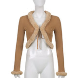 Purpdrank  Fashion Spring Fall Women Long Sleeve Lace Up Cardigan Outwear Faux Fur V-Neck Sexy Crop Top Shirt Casual Clothing