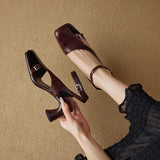 Purpdrank  NEW Summer Women Sandals Split Leather Shoes for Women Square Toe Kitten Heel Shoe Narrow Band Bcukle Strap Shoes Modern Sandals