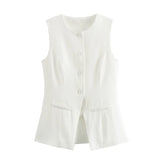 Purpdrank  Office Waistcoat y2k Clothes Women Solid Color Round Neck Single Breasted Sleeveless Suit Vest Elegant Tops Streetwear