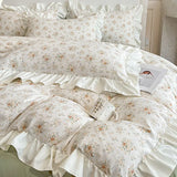 Purpdrank   Princess Style Lace Bed Skirt Four Piece Set Small Floral Print Soft Bedding Set Cotton Fabric Skin Friendly Nude Sleeping Sheet