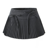 Purpdrank  Y2K American Retro Women Gray Solid Color Bow Belt Ruched Pleated Mini Skirt Side Zipper A-line Short Saia Skirt Cool Girl
