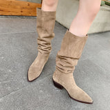 Purpdrank - 2023 New Western Women Knee-High Boots Autumn Winter Cow Suede Leather Quality Office Lady Casual Shoes Retro Black Woman Boots