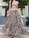 Purpdrank  Korean Leopard Print Pleated Long Skirt Women Elegant Holiday Fairycore Skirts Female High Quality A Line Party Faldas New