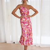 Purpdrank  Elegant Oblique Shoulder Pleated Floral Print Spaghetti Dresses For Women Sexy Backless Strape Summer Midi Dress Vestidos