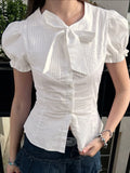 Purpdrank  Sweet Preppy Summer Solid White Short Puff Sleeve Single Breasted Bow Folds Women Shirt