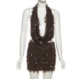 Purpdrank  Deep V-Neck Sexy Sequins Tassel Women Two Piece Dress Sets 2025 Fashion Summer Halter Backless Cropped Top and Mini Skirts Suit