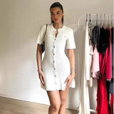 Purpdrank  White Elegant Knitted Mini Dress For Women Metal Button Sexy Slim Rib Sweater Dress Holiday Party Outfits Autumn New