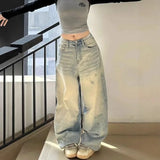 Purpdrank  Retro Light Blue Ripped Denim High Waist Wide Leg Floor-Length Pants Women's Elastic Straight Cut High Waist Jeans Autumn Hot Sa
