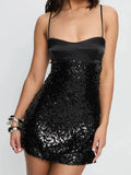 Purpdrank  Summer New Hollow Out Spliced Mini Dress Hot Girl Solid Color Backless Wrap Hips Dress Sexy Halter Sleeveless Sequins Slim Dress