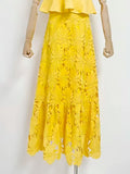Purpdrank  Yellow Crochet Sexy Hollow Out Retro Lace Long Skirts for Women 2025 Summer Fashion High Waist Strechy Elegant Party Skirt Lady