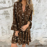 Purpdrank  Gold Bronzing Geometry Print Pleated Dresses Women Spring V Neck Button Hollow A-Line Dress Autumn Flare Sleeve Lace Party Dress