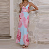 Purpdrank  Summer Backless Women's Commute Maxi Dress Fashion V-neck Floral Printed Halter Dress Sexy Sleeveless Fit Pleated Vacation Dress