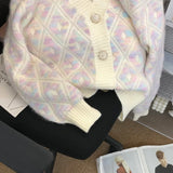 Purpdrank  Retro Softening Ageless Loose Women's Knitted Cardigan Short Diamond Pattern Outerwear V-neck Full Sleeve Casual Jacket