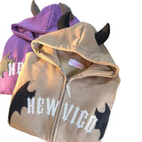 Purpdrank  Trendy Fleece-Lined Little Devil Horn Cardigan Hooded Sweater High Street Loose All-Match Couple Top for Men And Women