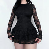 Purpdrank  Dark Solid Patchwork Lace A-Line Dress Sexy Slim O-Neck Long Sleeve Mini Dresses For Women Autumn Spring Fashion Ladies