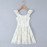 Purpdrank  Sexy Floral Print Spliced Lace V neck Ruffles Strap Sling Dress Women Wood ears Low Waist Short Dresses Swing A-lined Robe