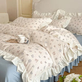 Purpdrank   Princess Style Lace Bed Skirt Four Piece Set Small Floral Print Soft Bedding Set Cotton Fabric Skin Friendly Nude Sleeping Sheet