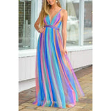Purpdrank  Rainbow Dress Casual V Neck Mesh Midi Dress Women Clothing Long Dress for Women