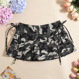 Purpdrank  Sexy Low Waist Camouflage Pleated Mini Skirts Womens 2025 New Fashion Drawstring Bandage Zipper Y2K Summer Skirt With Rivet Belt