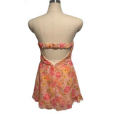 Purpdrank  Ruched Chest Floral Print Strapless Mini Chiffon Dress Women Ruffles Hem Elastic Bandage Backless Holiday Dresses Robe