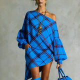 Purpdrank  Women's Fashion Plaid One Shoulder Asymmetrical Mini Dresses Puff Sleeves Loose Casual Going Out Vacation Short Dress