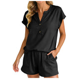 Purpdrank  Women Solid Color Two Piece Set V Neck Half Button Short Sleeve Top And High Waist Shorts With Pockets Soft Casual Office Suits